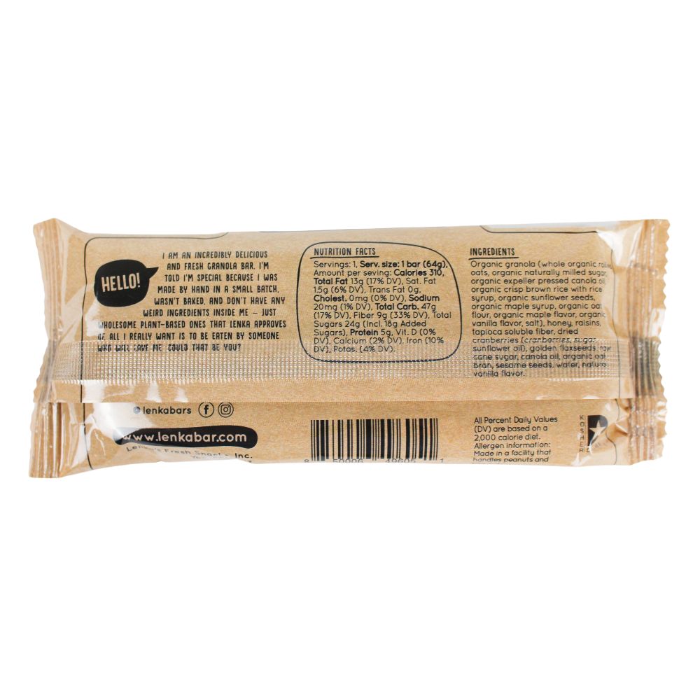 Back of Lenka Berry Omega Granola Bars 2.25oz