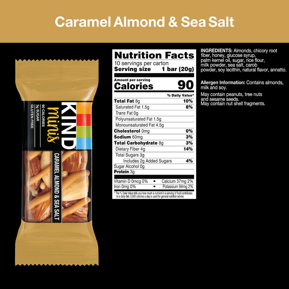 KIND Minis Caramel Almond & Sea Salt Bar 0.7oz Nutrition facts & ingredients