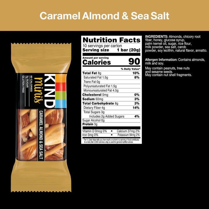 KIND Minis Caramel Almond & Sea Salt Bar 0.7oz Nutrition facts & ingredients