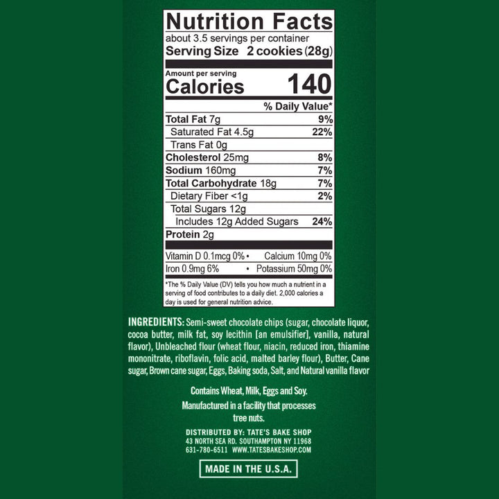 Tate's Bake Shop Chocolate Chip Cookies 3.5oz nutrition facts & ingredients