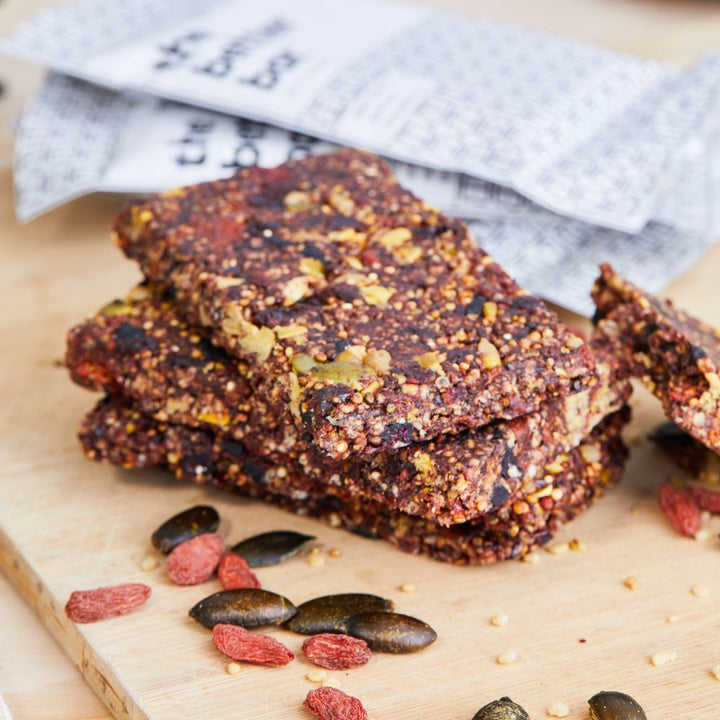 The Better Bar Original Goji Berry, Quinoa, and Blueberry Vegan Energy Bar 1.8oz up close