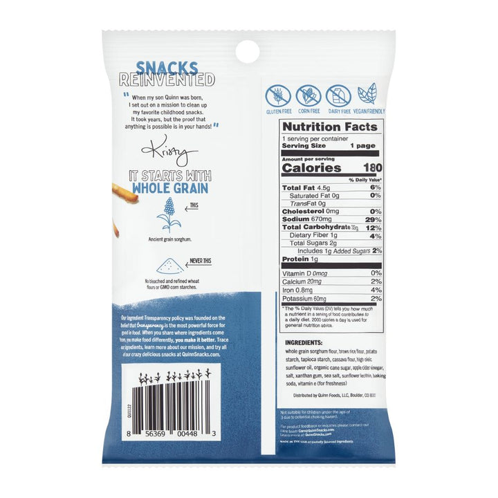 Back of Quinn Whole Grain Sea Salt Pretzel Sticks 1.5oz 