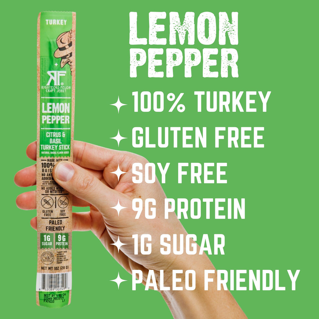 lemon pepper turkey sticks, 100% turkey, gluten free, soy free, 9g protein, 1g sugar, paleo friendly