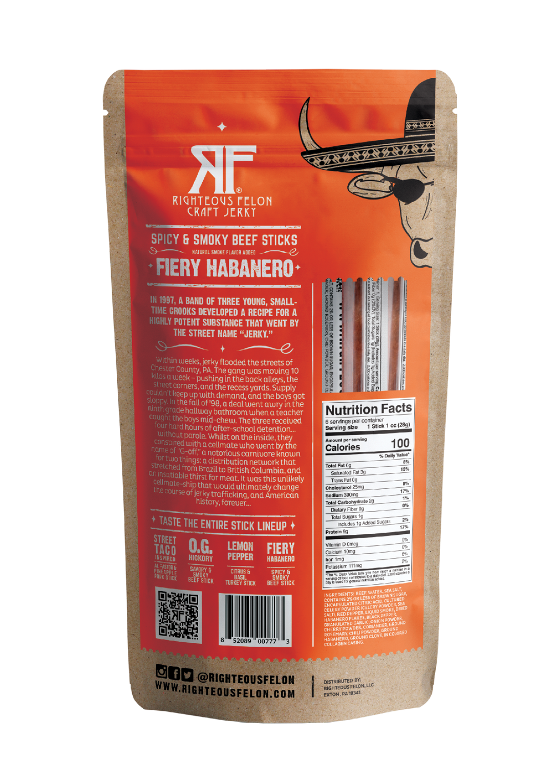 Righteous Felon Fiery Habanero Beef Stick Multipack Pouch 6oz (8ct)