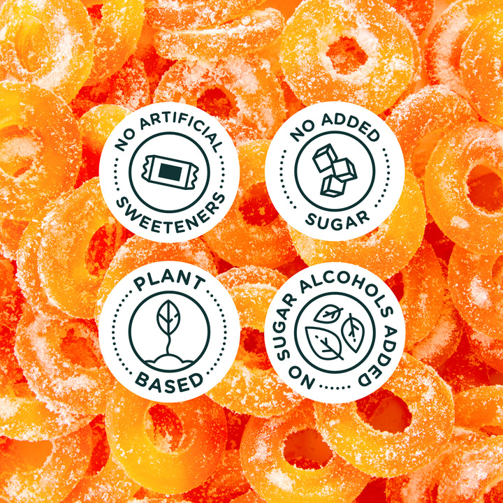 SmartSweets Peach Rings 1.8oz nutrition callouts: no added sugar, plant based