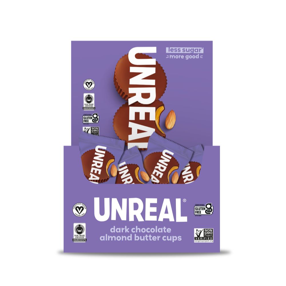 Open case UnReal Mini Dark Chocolate Almond Butter Cups 0.5oz 